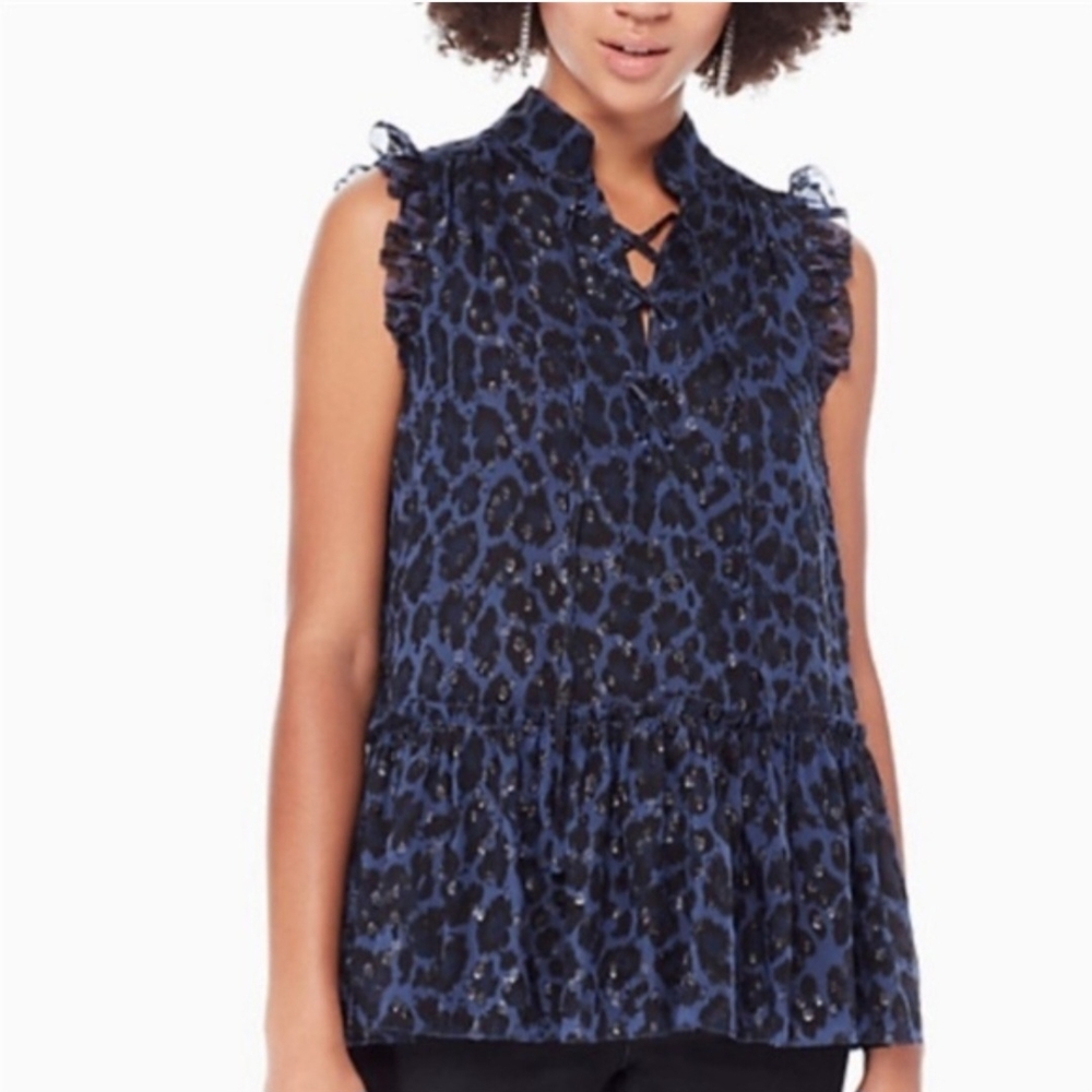 Kate Spade Navy Leopard Print Ruffle Blouse - Picture 6 of 9